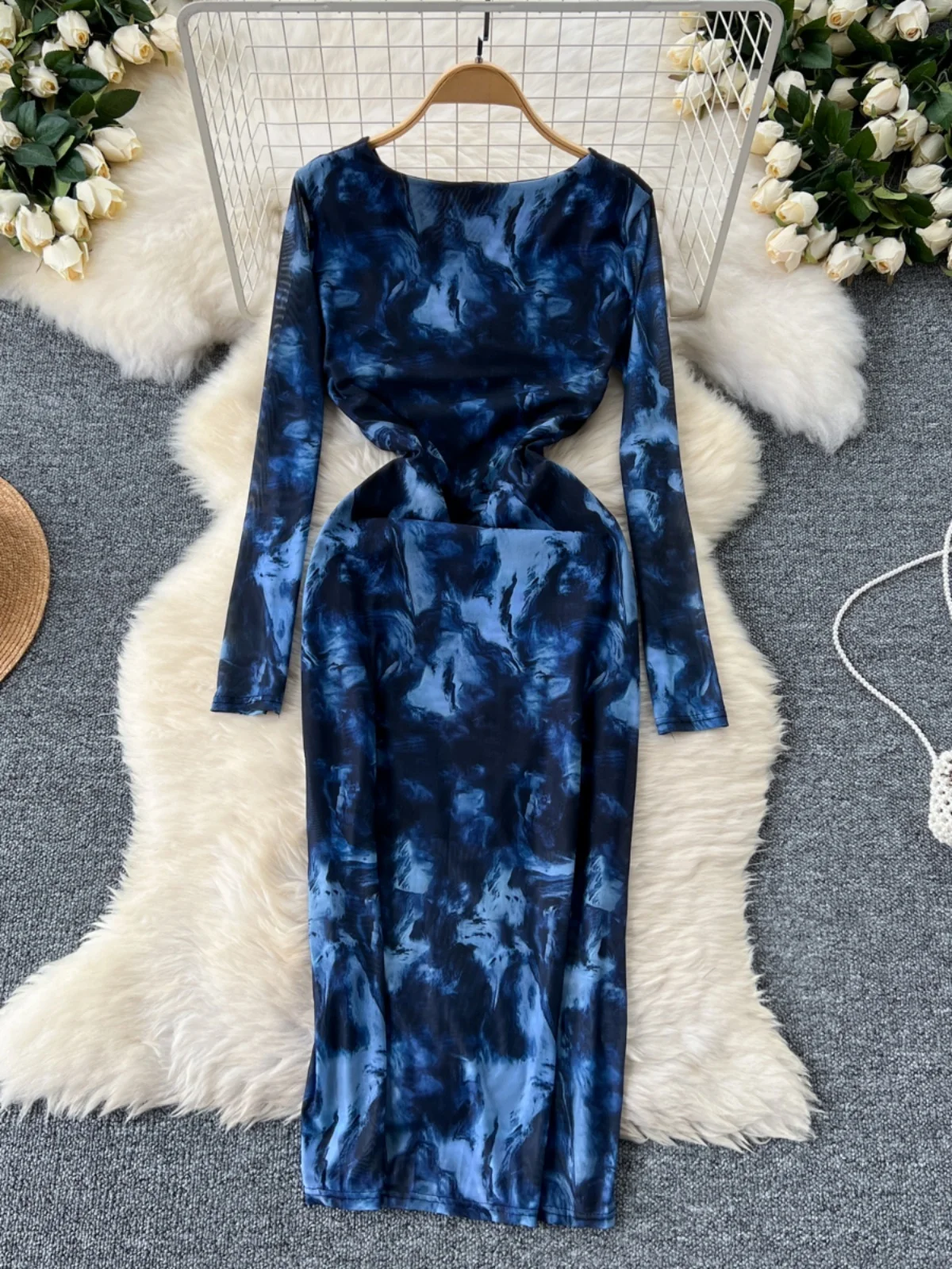 Ele Long Sve Women's Dr High Waist A-Line Skirt Bodycon Netting Print Wrap around Design Commute Sle Korean Faion