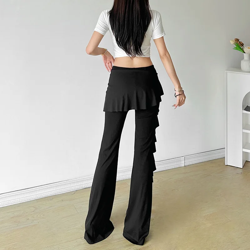 Xingqing Ruffle Pants y2k Clothes Women Solid Color Elastic Waistband High Waist Flared Trousers Bell Bottoms 2000s Streetwear