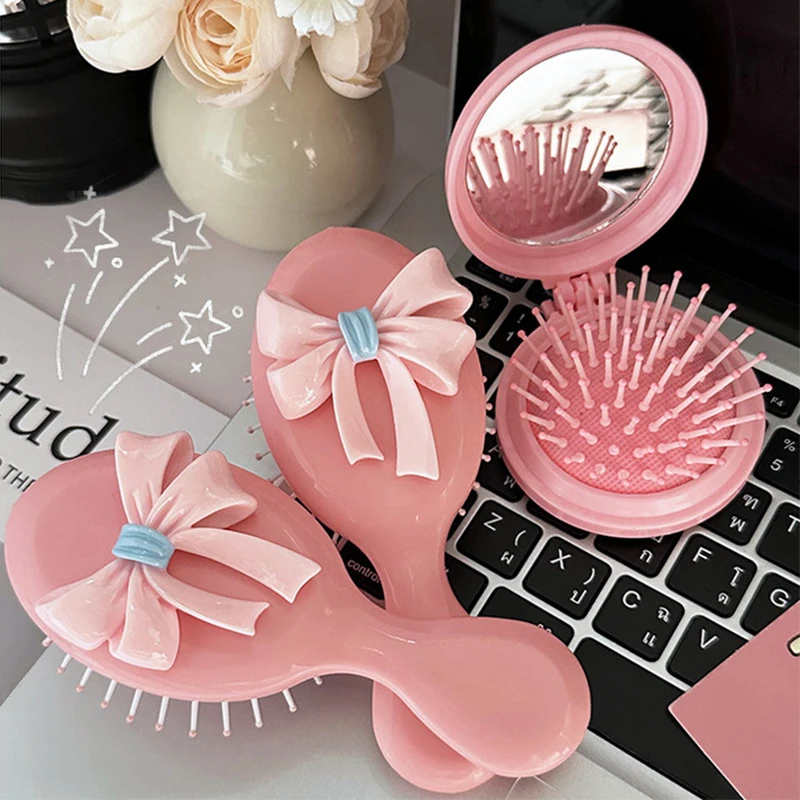 Bow Folding Massage Comb With Mirror Head Massage Anti-Static Mini Air Cushion Comb Portable Travel Girl Hair Combs