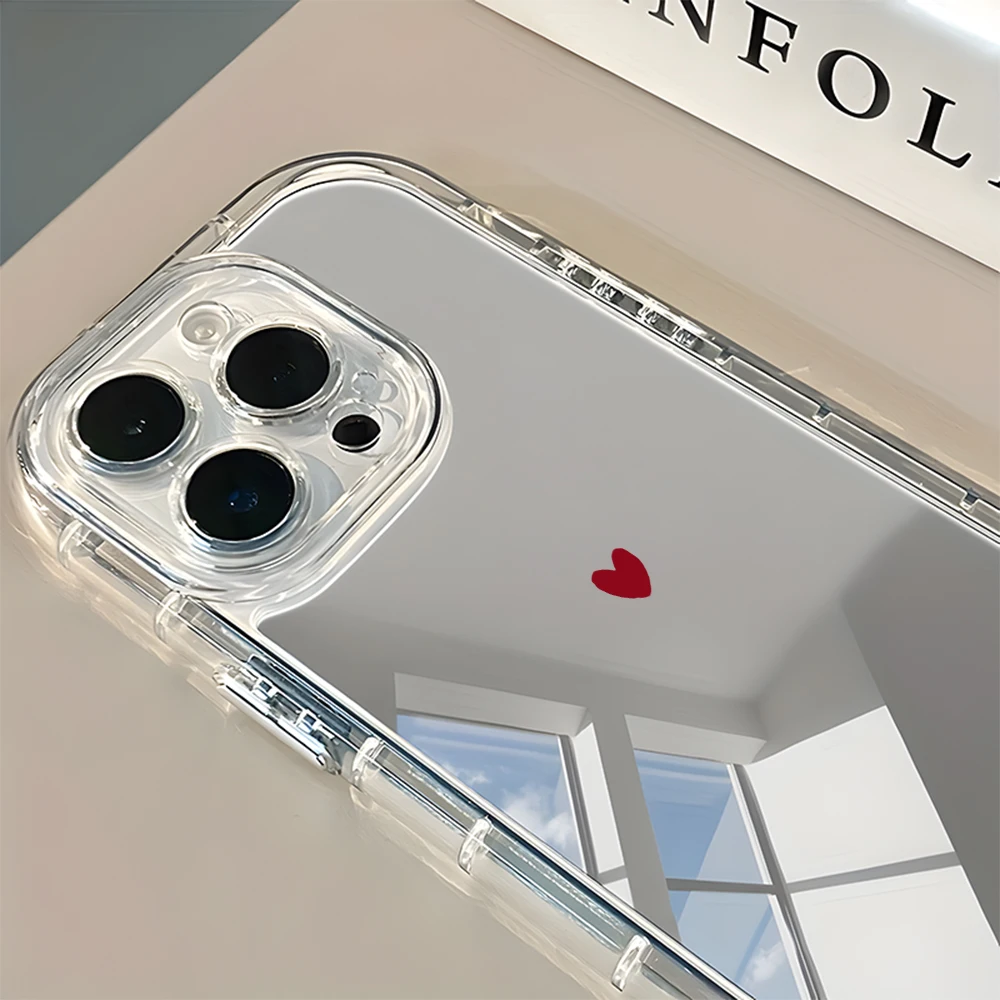 Cover Morbida Minimalista con Motivo Cuore Rosso per iPhone 17 16 15 14 13 12 11 Pro Max 17 Air X XR XS 7 8 Plus con Specchio Posteriore