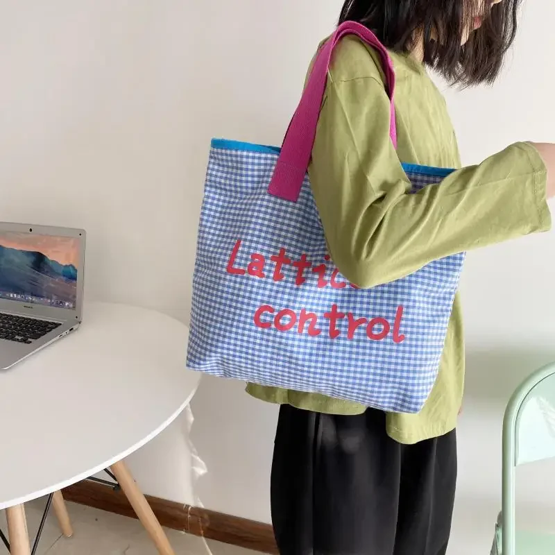 Portable Lunch Bag Canvas Plaid Picnic Food Bag Large Capacity Women Small Tote Korean Style Shopping Handbag Children Lunch Bag