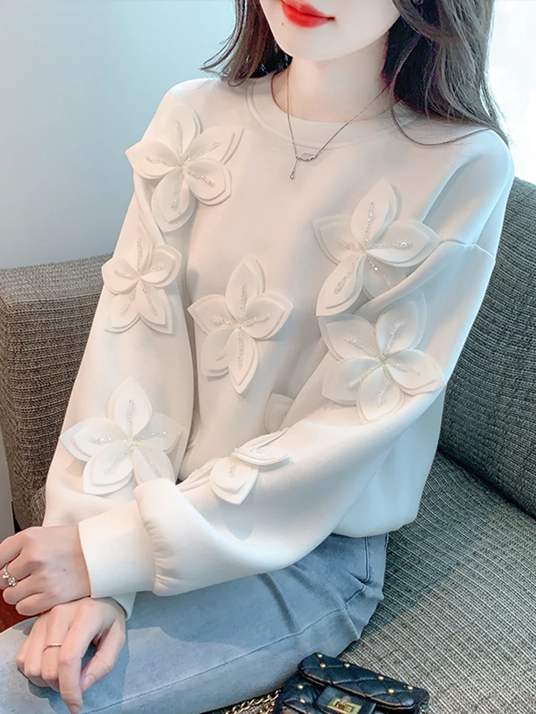 

Heavy Industry Beaded Floral Appliques Sweatshirts Women Loose Casual Oversize Tops Black Pullovers Autumn Winter Warm Pulls