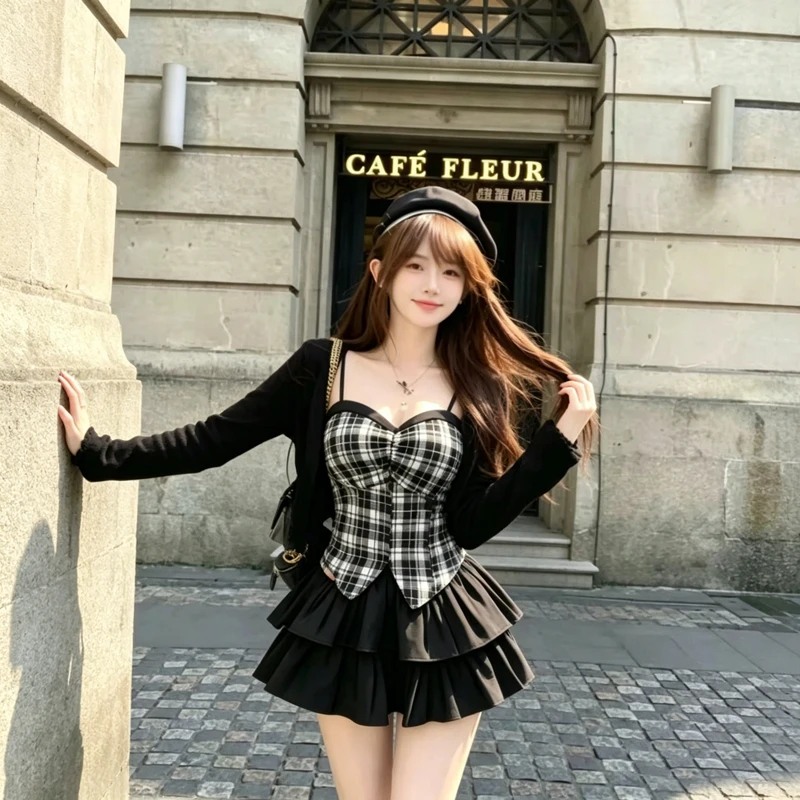 2026 Summer Vintage Pure Desire Short Skirt Set Women's Checkered Strapless Cake Style Two-Piece Outfit High Return Rate