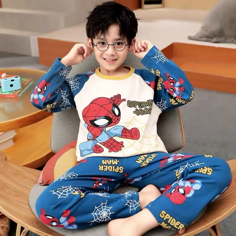 Anime Marvel Spiderman Dziecięce Wiosenne i Jesienne Nowe Śliczne Kreatywne Wzory z Kreskówek Piżama z Długim Rękawem i Spodniami Zestaw Domowy