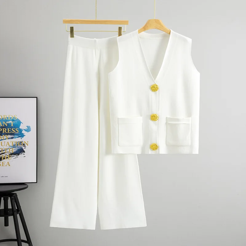 ALPHALMODA Fashion Suit, Women's Summer New, Sleeveless, Big Button, Sweater Top, Wide-leg Pants, Two-piece Set