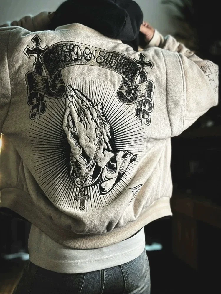 Large Size 300 Pounds Embroidered Sunday Missionary Baseball Jacket Loose American Casual Outerwear Retro Style Coat for Men