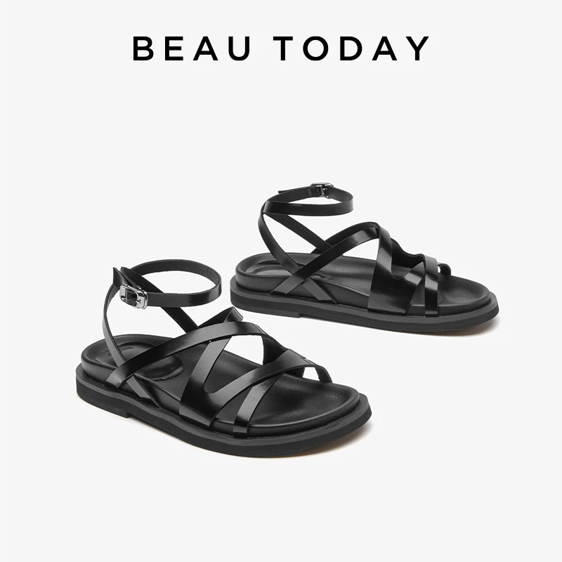 BEAUTODAY Casual Gladiator Sandals Women Genuine Leather Metal Buckle Crossed-over Strap Summer 2024 Female Flats Handmade 34614