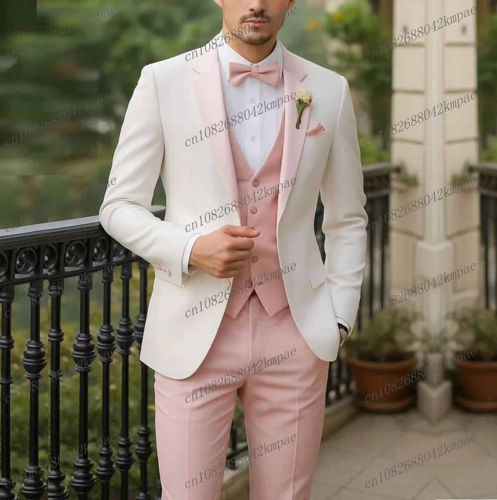 

White And Pink Green Formal Men Suit Groom Groomsman Wedding Party Prom Business Male Tuxedos 3 Piece Set Blazer Vest Pants