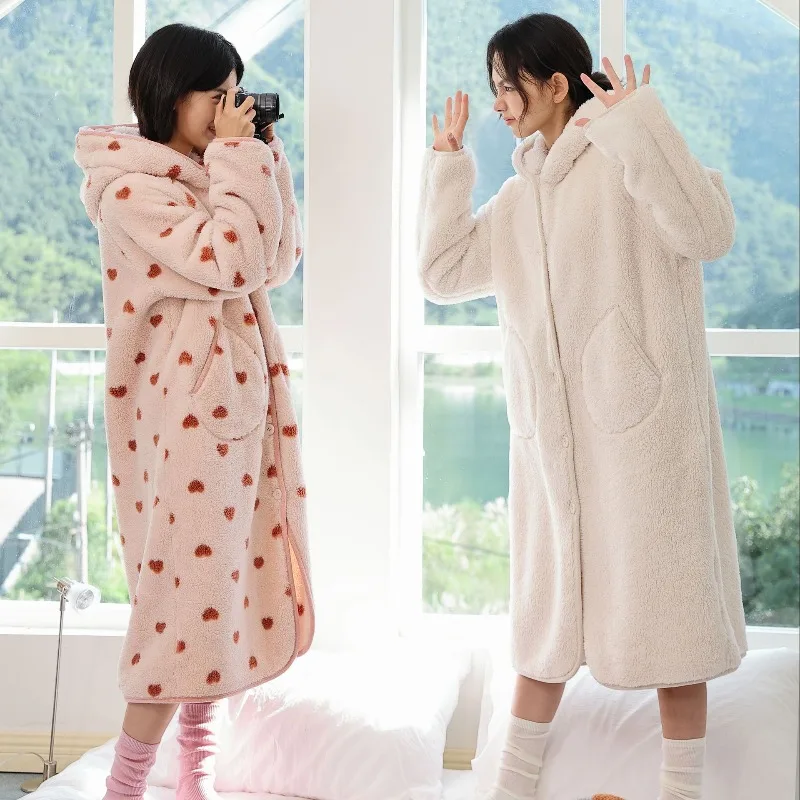 

Winter Thick Warm Women's Pajamas Coral Pajamas Long Sleeve Bathrobe Hooded Plush Home Clothes