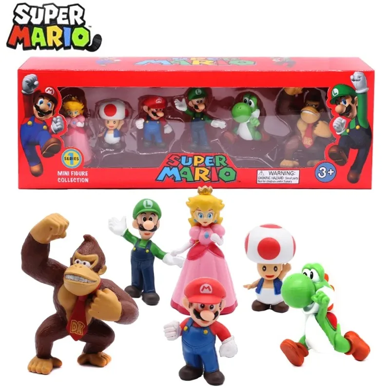 Hot 6pcs/set Super Mario Bros PVC Action Figure Toys Dolls Model Set Luigi Yoshi Donkey Kong Mushroom for Kids Birthday Gifts