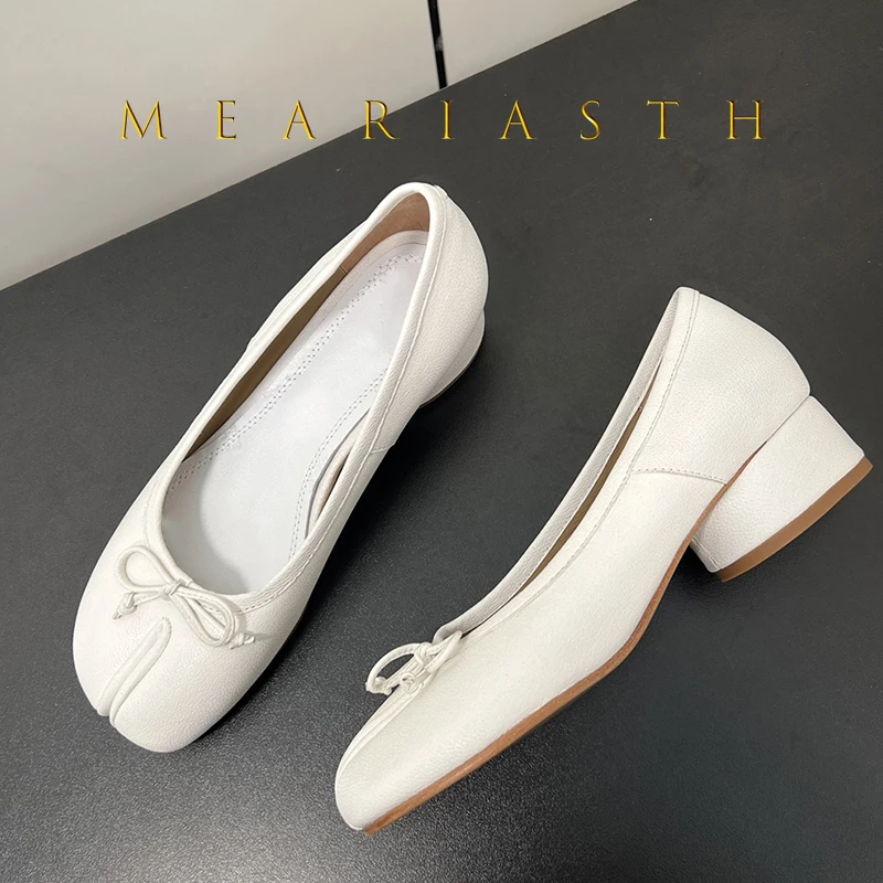 

New Tabi Shoes Women Split Toe Ninja bowknot Pumps Woman High Heels Woman Chunky thick Heel Pig Hoof Shoes Woman chaussure femme