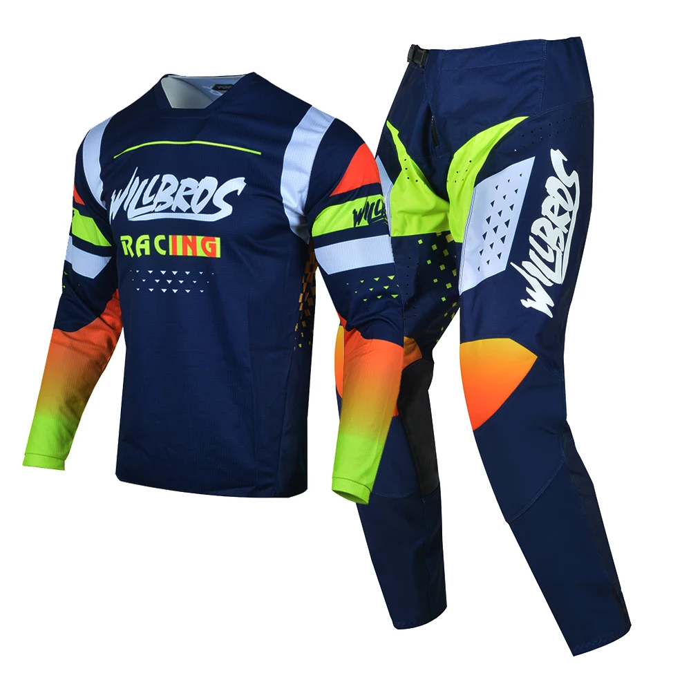 Willbros MX Motocross Blue Yellow Jersey and Pants Combo Dirt Bike Offroad Enduro MTB BMX Outfit Motorcycle Bicycle Racing Kit