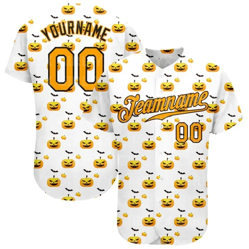 Autêntico Baseball Jersey, 3D Pattern Design, Halloween Padrão com Abóboras, Branco, Ouro, Preto, Personalizado