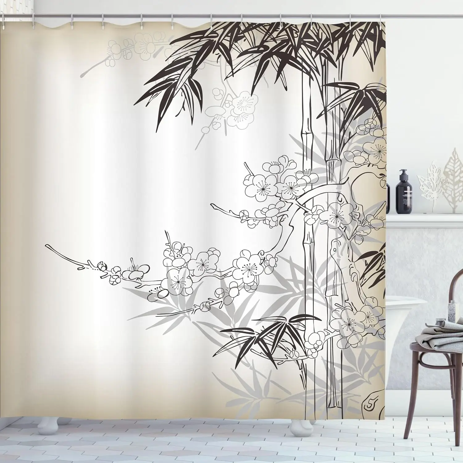 

Japanese Sakura Bamboo Shower Curtain with Hooks – Traditional East Asian Art, Cherry Blossom & Autumn Theme Bathroom Decor