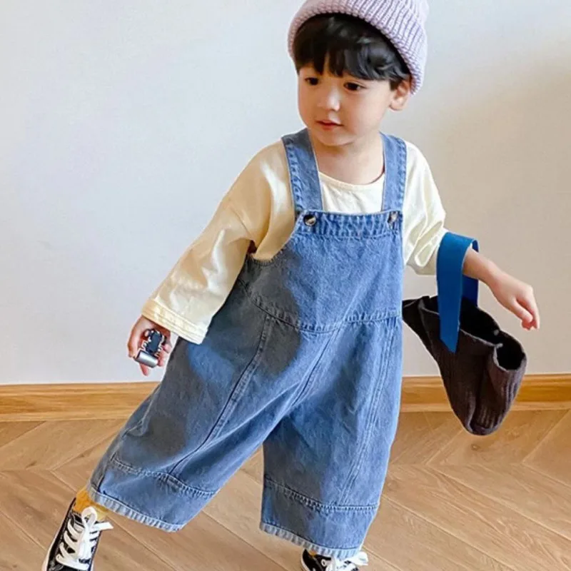 

2024 Spring Autumn Kids denim jumpsuit Boys and girls solid color loose all-match denim overalls children bib pants