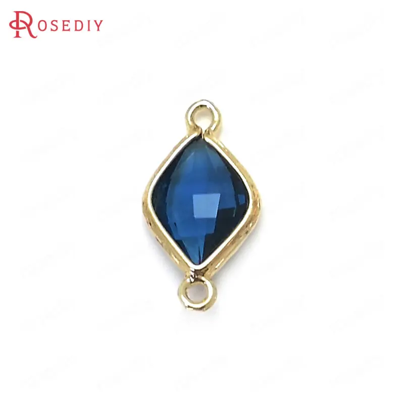 (C586)10 pieces 23x11mm High Quality Champagne Gold Color Brass and Glass 2 Holes Rhombus Shape Connect Charms Pendants