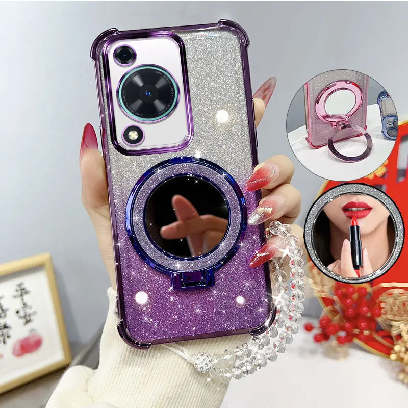 Glitzernde, viereckige, stoßfeste Handyhülle mit Spiegelständer, Perlenarmband für Huawei Nova Y72 Y63 Y72 63 4G Rückseite
