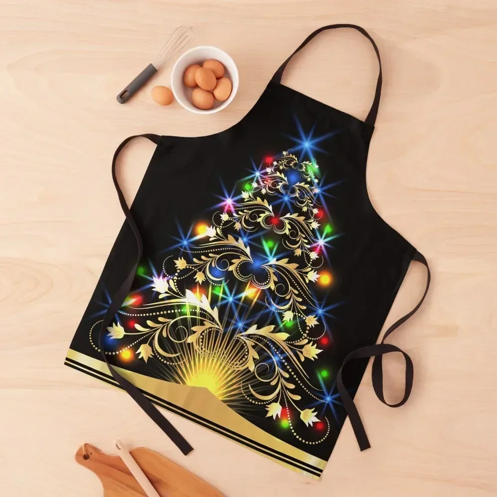 

Fantasy Christmas Tree,Gold Scroll with bright Lights,Yule Tree, Black Background,TeamNMJ Apron Barista For Cosmetologist Apron