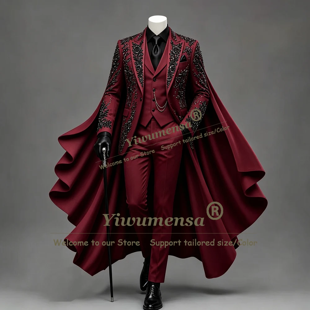 Exclusive Wedding Tuxedo Suit For Man Black Diamond Stones Prom Blazer With Cape Long Customized Man Banquet Party Attire Skinny