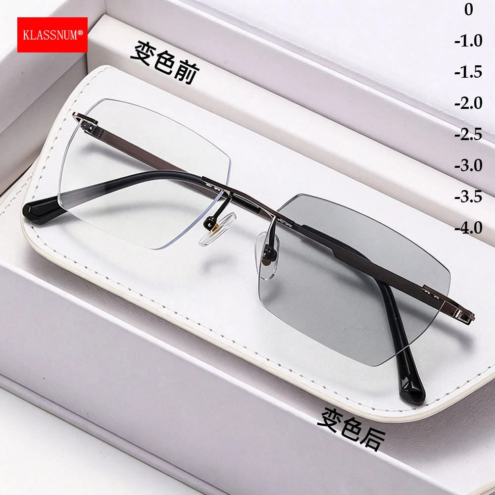 KLASSNUM Men Rimless Minus Myopia Glasses Classic Cut Edge Photochromic Lens Optical Eyepiece 0 -1.0-1.5-2.0-2.5-3.0-3.5-4.0