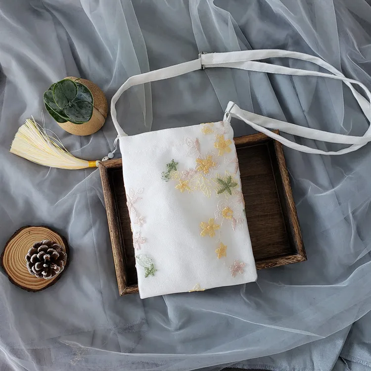 حقيبة هانفو دانتيل عتيقة جديدة مع سحاب وشرابة حقيبة كتف هاتف كروس للنساء B1 #4