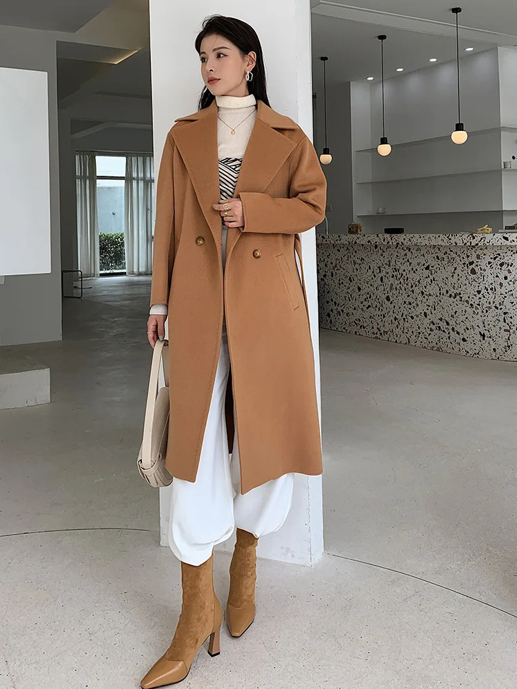 100% Pure Wool Women\'s Coat Pure Color Ribbon Belt Reversible Woolen Coat Fall Winter Fashion Flattering Women\'s Coat Warm