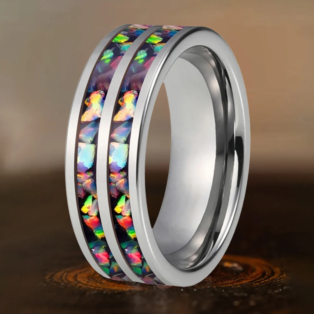 

MenBand 8mm Tungsten Ring for Men and Women's Engagement Wedding New Flat Double Slot Carbon Opal Embedding for Comfortable Fit