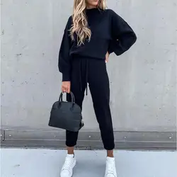 Lady Top Pants Set Pullover Pure Color Women Tracksuit Elastic Waist Long Pants Sweatshirt Sweatpants Suit for Jogging