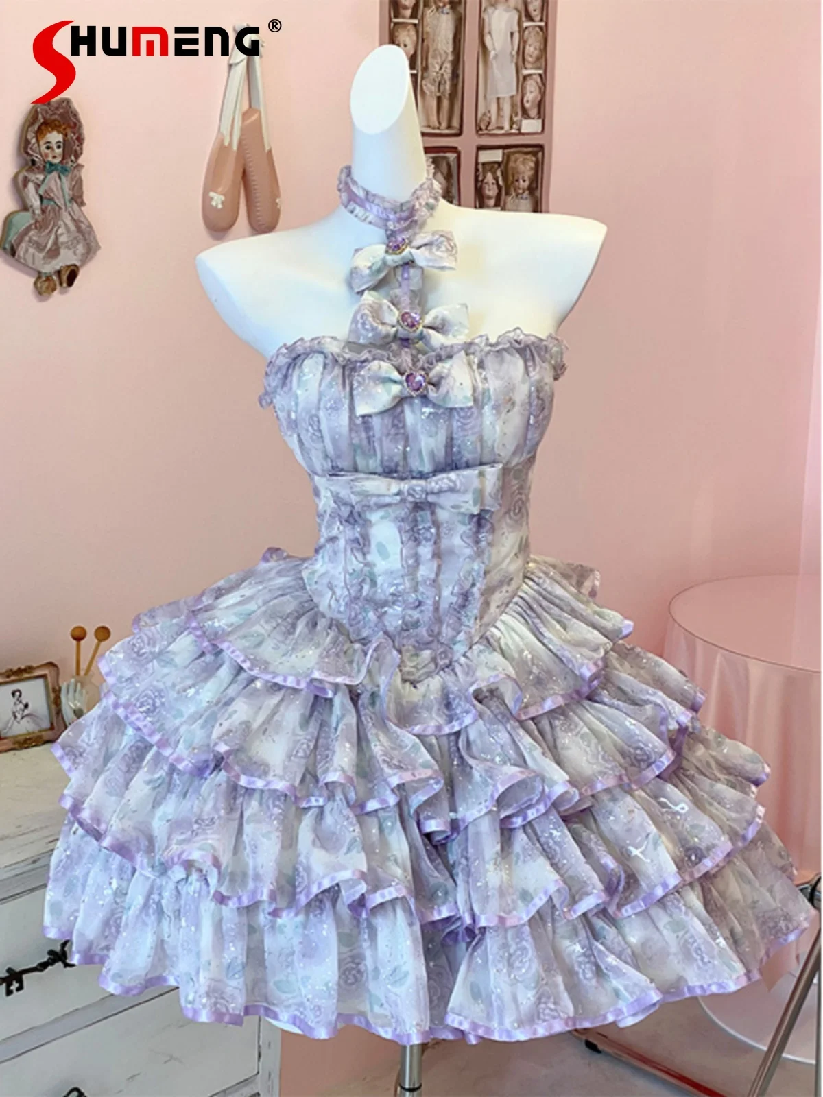 

Japanese Heavy Industry Diamond Bow Silver Sequins Rose Print Off-Shoulder Backless Halter Sweet Princess Lolita Dress Women