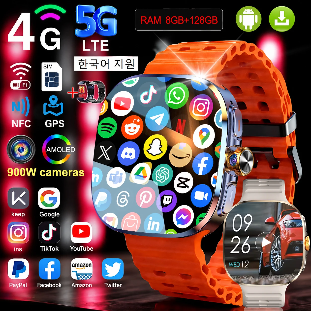 Montre connectée avec carte SIM 5G LTE, 8 Go + 128 Go de RAM, Android 10.1 OS, téléphone, WIFI, GPS, appareil photo 900W, écran AMOLED 2,4 pouces, batterie 2100 mAh