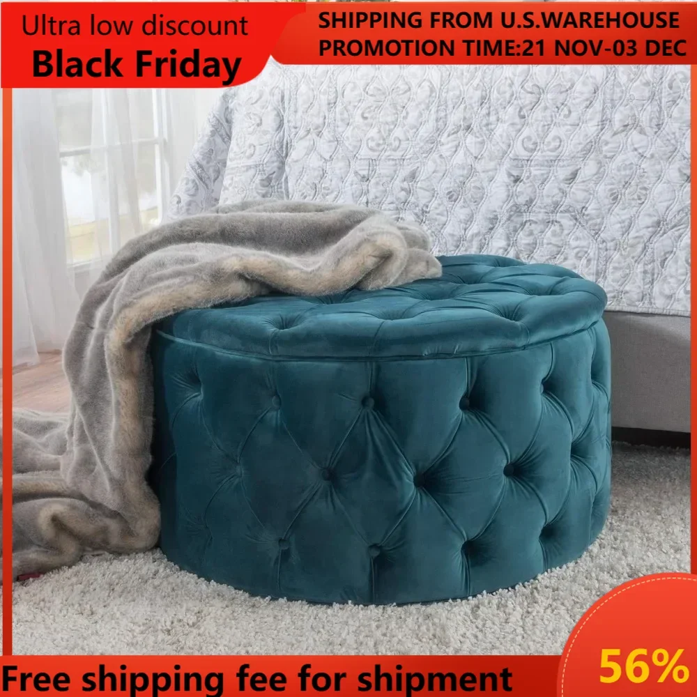 Dark Teal Foot Stool Velvet Ottoman Round Freight Free Hallway Living Room Furniture Home