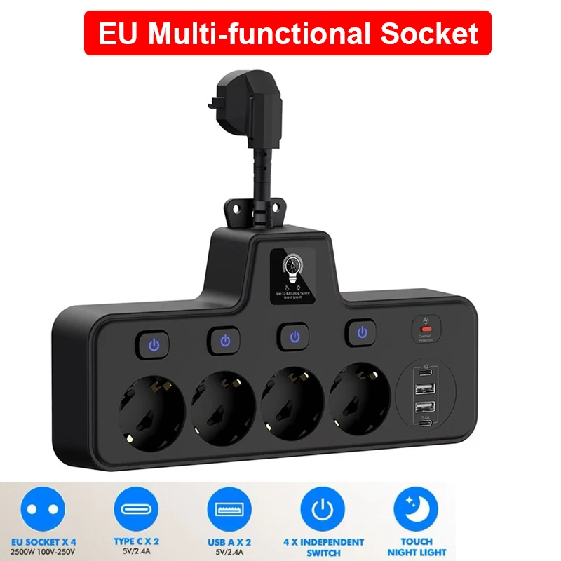 8 IN 1 Power Strip with Touch Night Light,AC Outlets, USB-A, Type-C Independent Switch European Standard Socket Wall Socket