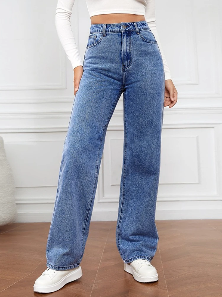 Neu in Jeans Damen Gerade Hosen Waschen Hohe Taille Lose Taschen Basics Knöchellange Blaue Denim-Hosen Streetwear Leichte Strech