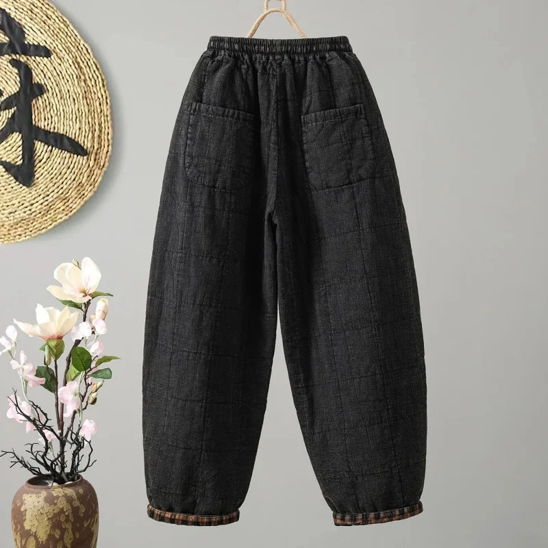 Retro Plaid Patchwork Lantern Cotton Pants For Women's Outdoor Wear, Winter Elastic Waistband, Thick Warm Casual Trousers w1460