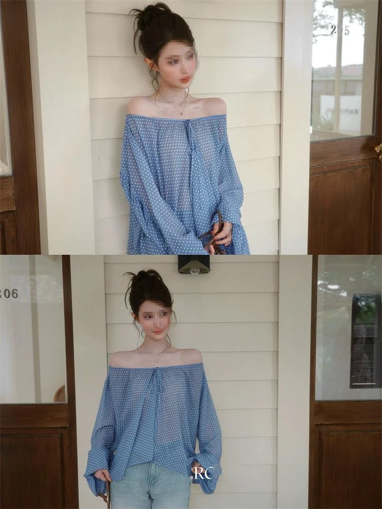 Thin Chiffon One-Shoulder Long Sleeve Women's Top Summer Sweet Spicy Loose Micro-Transparent Design Dot Pattern Korean Style