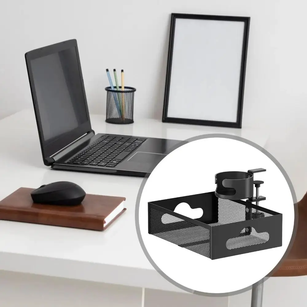 360 Degree Rotating Under Desk Storage Rack Carbon Steel No Drill Clamp-On Document Tray Multifunctional with Cup Holder