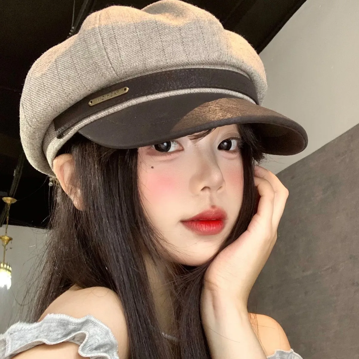 British Style Stitching Striped Octagonal Hat Women's Face Small Big Head Beret All-match Fashion Newsboy Painter Hat