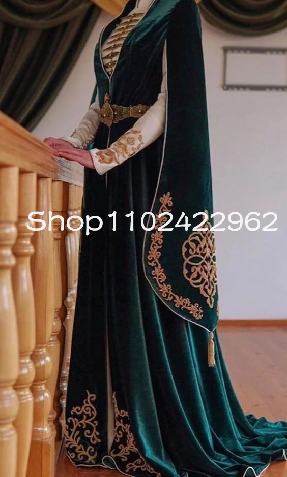 Hunter Green Velvet Tunisian Caftan Prom Occasion Dresses with Cape Sleeve Algerian National Applique Evening Gowns