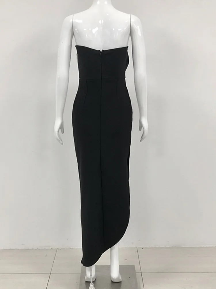 New Women Celebrity Sexy Strapless Backless Flower Black Maxi Long Bodycon Bandage Dress 2024 Elegant Evening Club Party Outfit