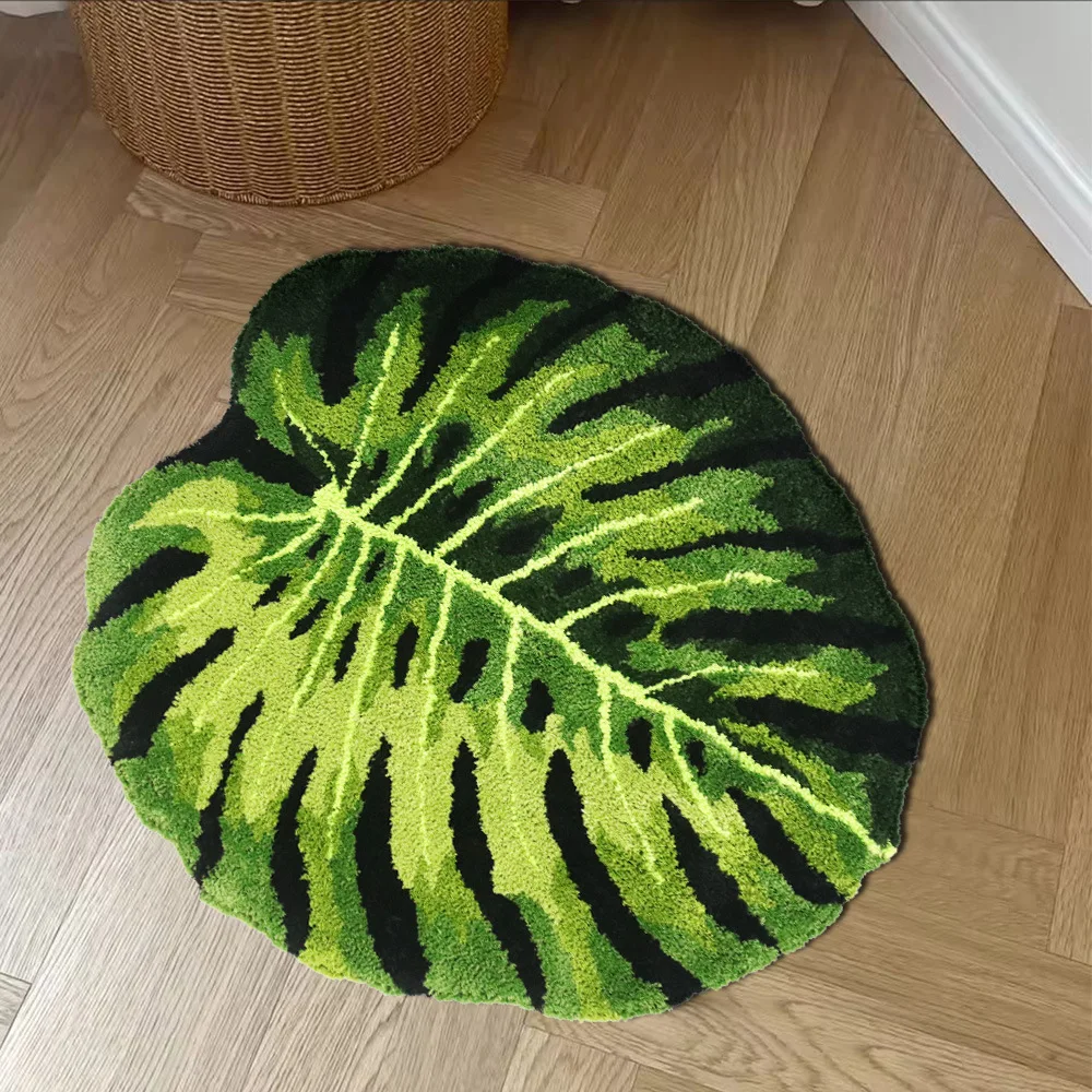 Green Tropical Plant Leaf Turtle Back Bamboo Decorative Tufted Carpet Bedroom Study Balcony Restaurant Floor Mat Bathroom Rug