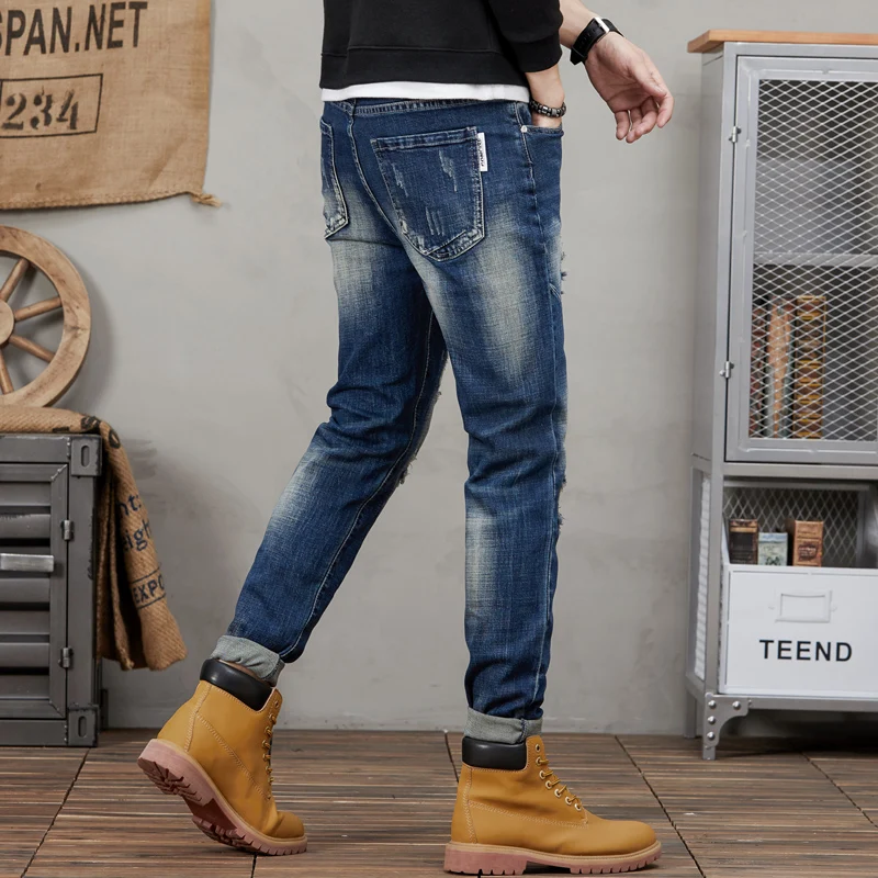 Spring and Autumn Jeans Men's High Street Nostalgic Straight Leg Elastic Jeans denim ripped  mens jeans  streetwear men