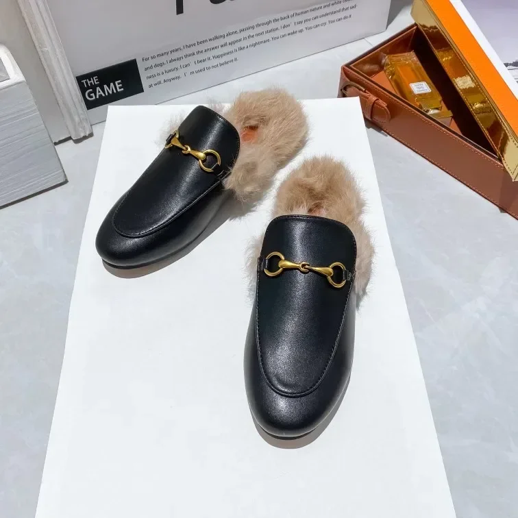 New Type of External Wearing Baotou Fur Slippers for Women's Genuine Leather Rabbit Hair Lazy Man Flat Bottom Half Trailer