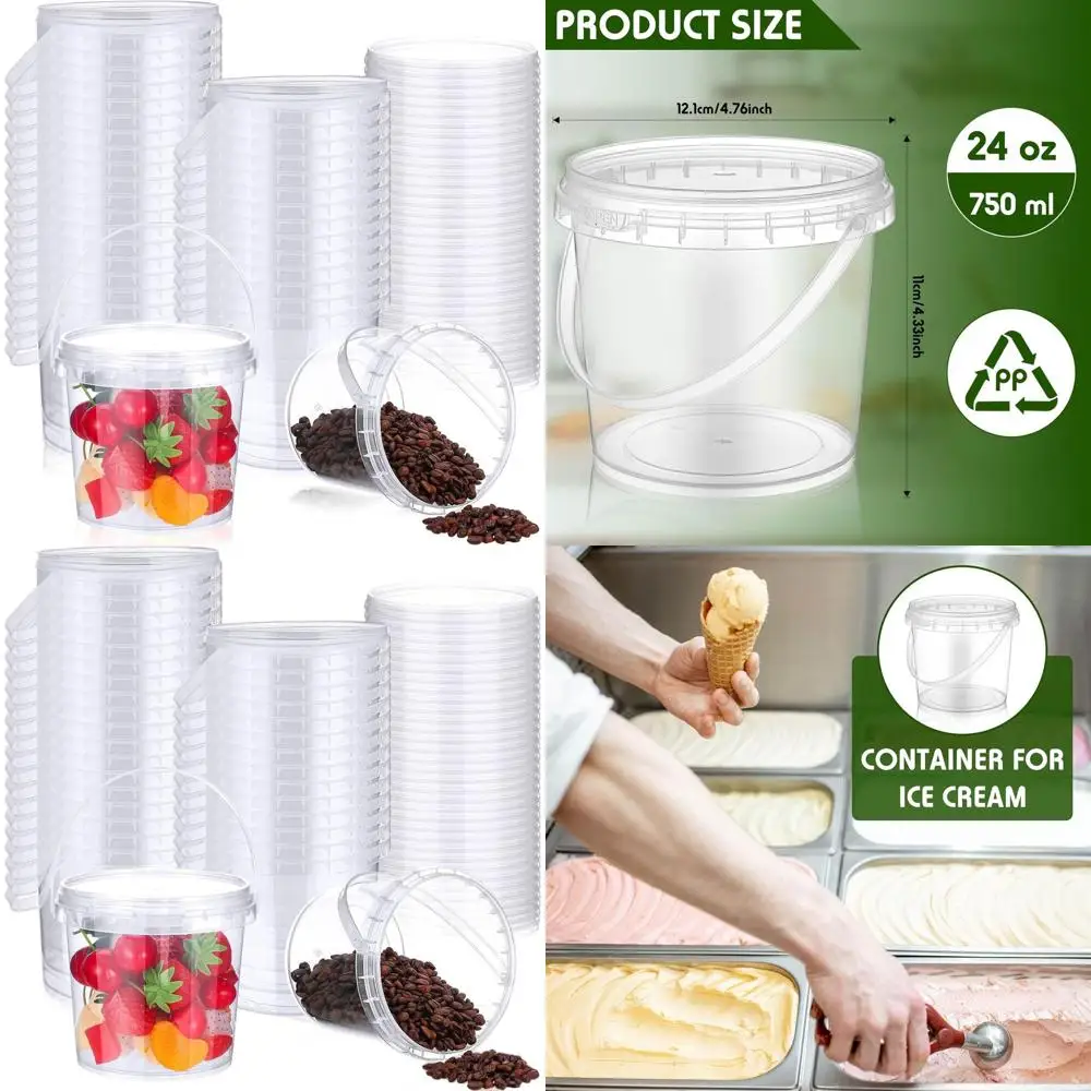 

Набор из 50 прозрачных пластиковых ведер объемом в галлон с крышками и ручками, многоразовые герметичные контейнеры для мороженого, кухни и напитков (24)