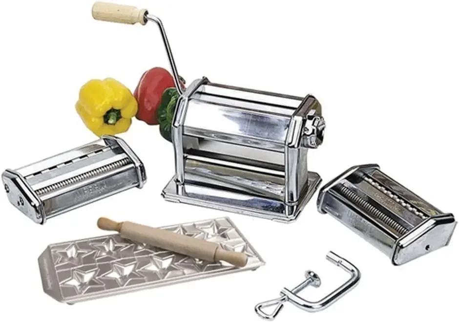 Maker Machine by Imperia- Heavy Duty Deluxe Set w 2 Attachments, Made in Italy, Star Ravioli Mold & Rolling Pin, Steel Construct