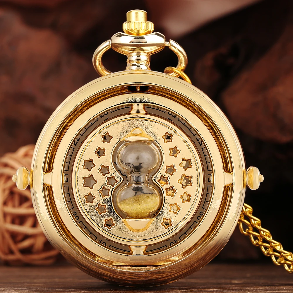 Reloj de bolsillo de cuarzo con diseño de cristal de arena transparente para hombres y mujeres, oro real, collar Lagenaria Siceraria, estrellas huecas, reloj analógico