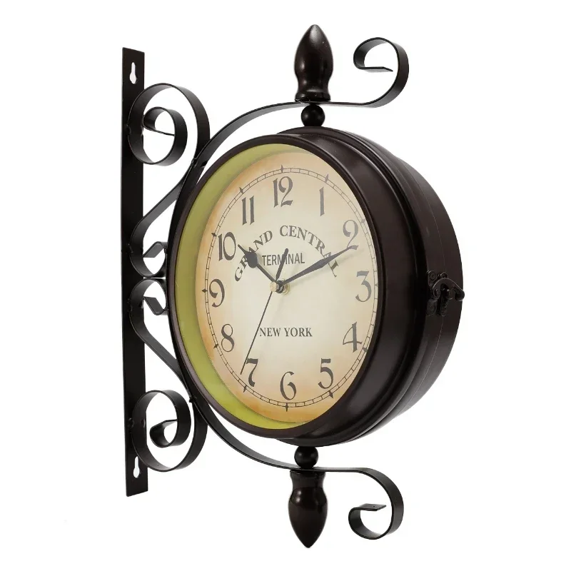 8 inch Antique-Look Wall Hanging Double Sided Clock Retro Station Clock Round Chandelier Scroll Wall Mount Home Decor Wall Clock