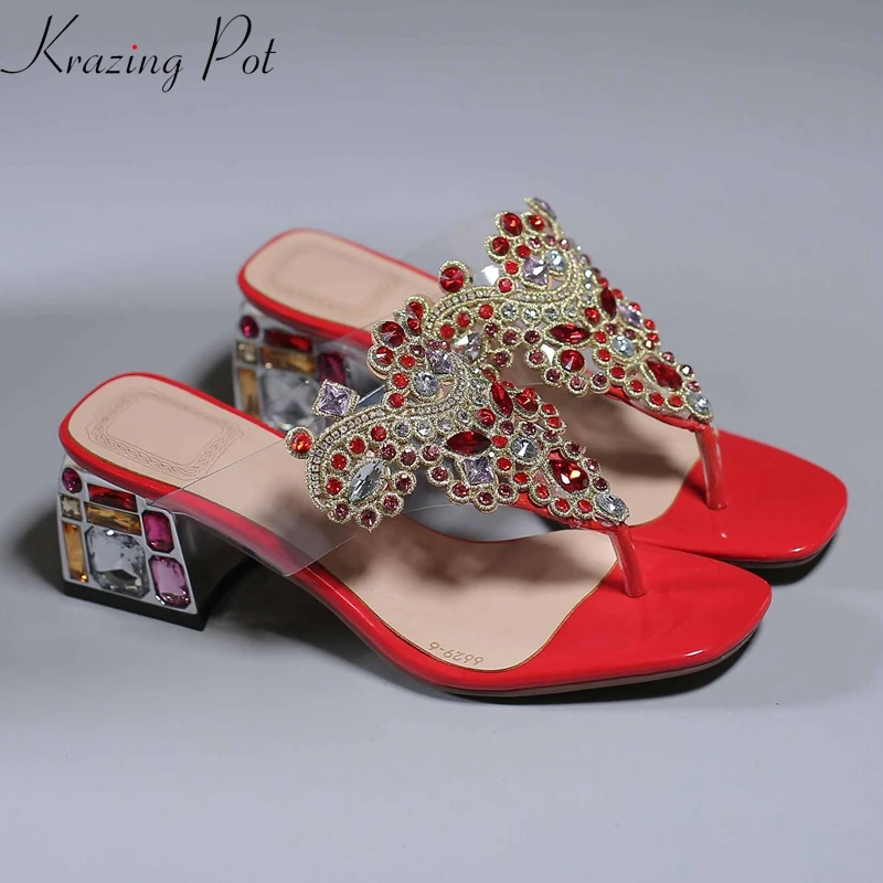 

Krazing pot genuine leather peep toe bling art design heel high heels starry diamond mules flip flop plus size 43 42 sandals L34