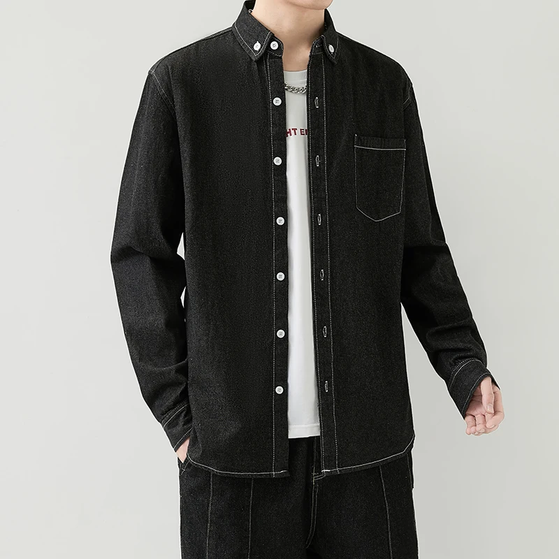 . Spring Lightweight Denim Jacket Men Denim Shirt Jacket Loose Long Sleeve Turn Down Collar Casual Street Outerwear