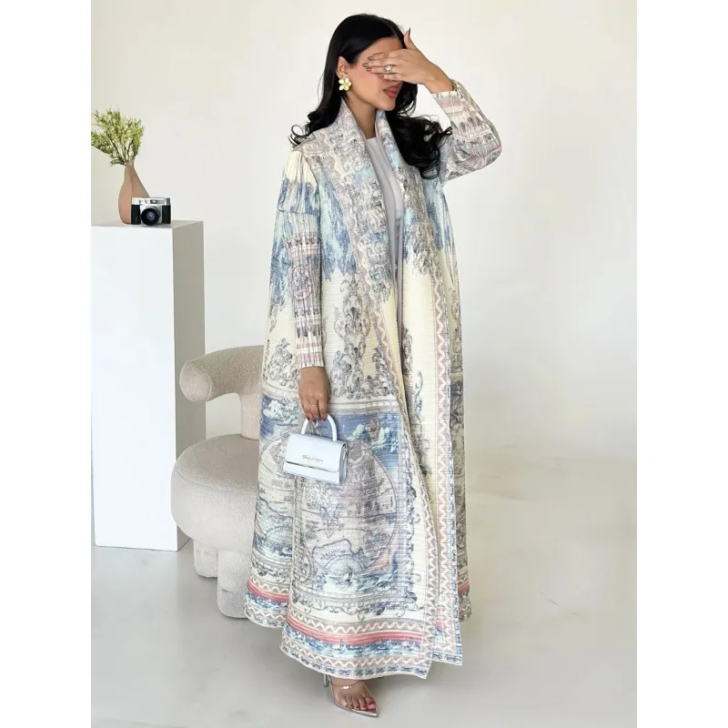 미야케 아바야 아라비안 플리츠 로브 재킷 정장 고급 이브닝 파티 로브 플러스 사이즈 긴팔 라마단 드레스 구김 방지