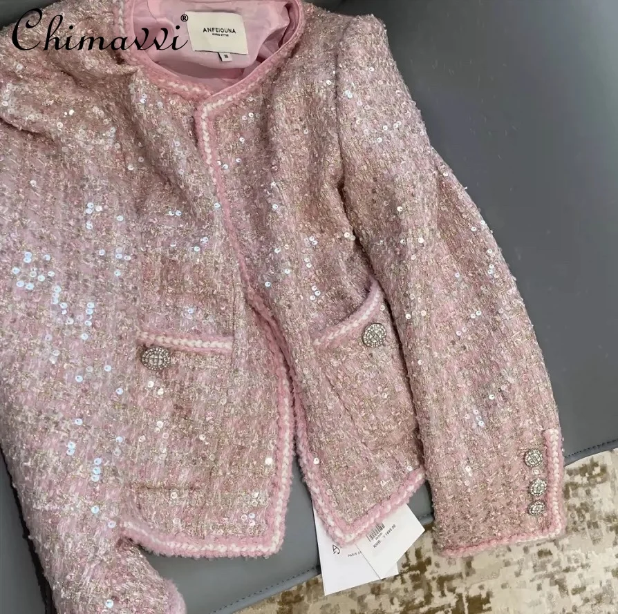 

2024 Spring High-end French Heavy Sequined Tweed Pink Coat Fashion Commuter Long Sleeve Elegant Round Neck Women's Jackets